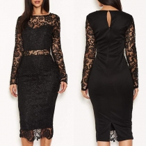 Sexy See-through Lace Spliced Long Sleeve Round Neck Slim Fit Dress
