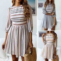 Fashion Contrast Color Round-neck Striped Long Sleeve Pleated Hemline Dress