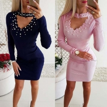 Sexy Wave Trimmed V-Cutout Bead Spliced Slim Fit Ribbed Dress