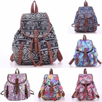 Casual Style Flap Top Buckle-Strap Drawstring Floral Print Canvas Backpack
