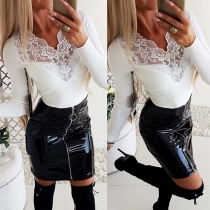Sexy V-neck Lace Spliced Slim Fit Long Sleeve Top