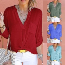 Fashion V-neck Solid Color Long Sleeve Loose Blouse