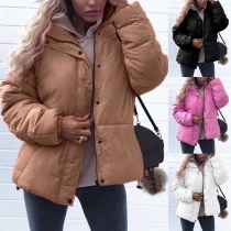 Fashion Solid Color Zipper Front Long Sleeve Warm Coat
