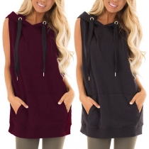 Fashion Solid Color Sleeveless Loose Drawstring Hoodie