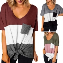 Fashion Contrast Color Short Sleeve V-neck Loose T-shirt