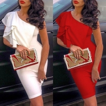 Sexy One-shoulder Solid Color Slim Fit Ruffle Dress