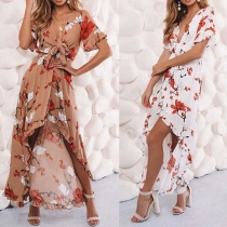Sexy V-neck Short Sleeve Irregular Hem Ruffle Printed Dress