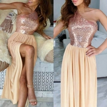 Sexy One-shoulder Sleeveless Sequin Spliced Dress