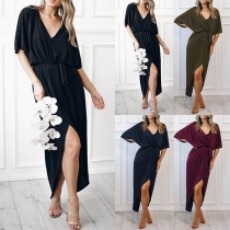 Sexy V-neck Slit Hem Short Sleeve Solid Color Dress