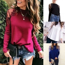 Sexy Gauze Lace Splice Long Sleeve Round Neck T-shirt 