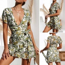 Sexy Deep V-neck Short Sleeve Ruffle Hem Printed Dress