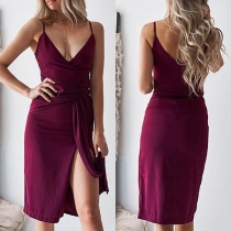 Sexy Backless V-neck Slit Hem Solid Color Slim Fit Sling Dress
