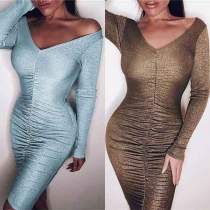 Sexy V-neck Long Sleeve Solid Color Bodycon Dress