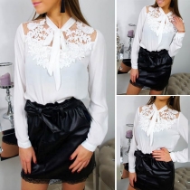 OL Style Long Sleeve Lace Spliced Lace-up Bowknot Blouse