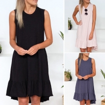 Fashion Solid Color Sleeveless Round Neck Ruffle Hem Dress