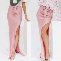 Fashion Solid Color High Waist Slit Hem Skirt 