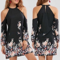 Sexy Off-shoulder Long Sleeve Printed Halter Dress