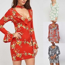 Sexy Hollow Out V-neck Trumpet Sleeve Slim Fit Printed Dress