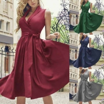 Elegant V-neck Slit Hem Sleeveless High Waist Solid Color Dress