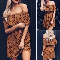 Sexy Off-shoulder Boat Neck Elastic Waist Dots Printed Dress