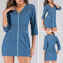 Fashion 3/4 Sleeve V-neck Slim Fit Denim Dress