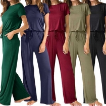 Fashion Solid Color Short Sleeve Round Neck Jumpsuit