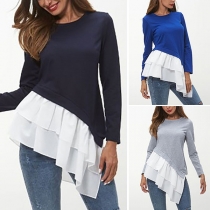 Fashion Contrast Color Irregular Ruffle Hem Long Sleeve Top