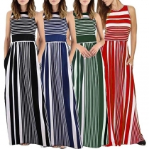 Fashion Sleeveless Round Neck High Waist Striped Maxi Dress