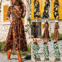 Fashion Long Sleeve POLO Collar Printed Shirt Dress