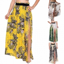 Fashion High Waist Slit Hem Tassel Printed Skirt