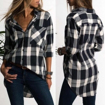 Fashion Long Sleeve POLO Collar High-low Hem Plaid Shirt