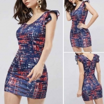 Fashion Lotus Sleeve Round Neck Slim Fit Printed Dress