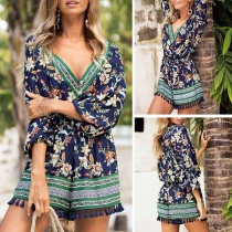 Sexy Deep V-neck 3/4 Sleeve Tassel Hem Printed Romper