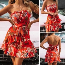 Sexy Backless Strapless Ruffle Printed Dress