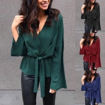 Sexy V-neck Long Sleeve Solid Color Lace-up Top 