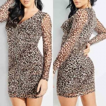Sexy V-neck Long Sleeve Front-zipper Slim Fit Leopard Print Dress