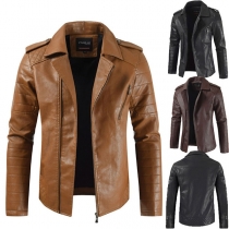 Fashion Solid Color Long Sleeve Notched Lapel Men's PU Leather Coat