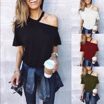 Sexy Oblique Shoulder Short Sleeve Solid Color T-shirt 