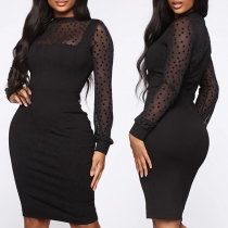 Sexy See-through Lace Spliced Long Sleeve Slim Fit Dress