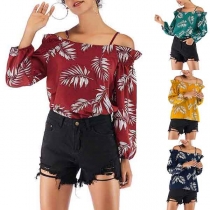 Sexy Off-shoulder Boat Neck Long Sleeve Printed Sling Top