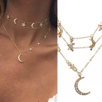 Fashion Rhinestone Inlaid Stars Crescent Pendant Multi-layer Necklace