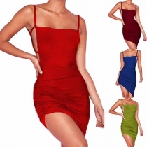 Sexy Backless Irregular Hem Solid Color Sling Dress