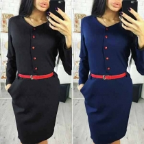 OL Style Long Sleeve Slim Fit Dress with Waistband