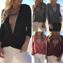 Sexy Crossover V-neck Long Sleeve Solid Color T-shirt