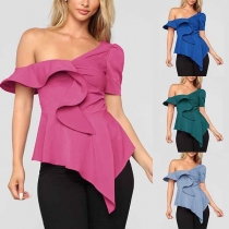 Sexy Oblique Shoulder Short Sleeve Irregular Hem Ruffle Top