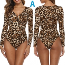 Sexy Deep V-neck Long Sleeve Leopard Print Bodysuit