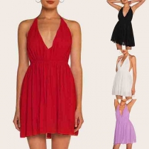Sexy Backless Deep V-neck High Waist Solid Color Halter Dress