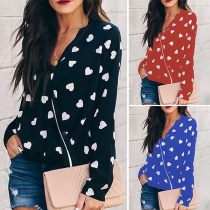 Fashion Long Sleeve V-neck Heart Printed Blouse