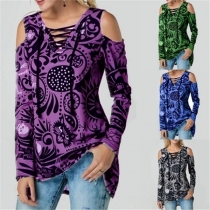 Sexy Off-shoulder Long Sleeve Lace-up V-neck Printed T-shirt