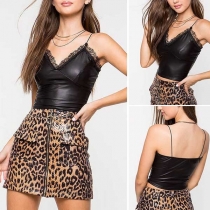 Sexy Backless V-neck Lace Spliced PU Leather Sling Top